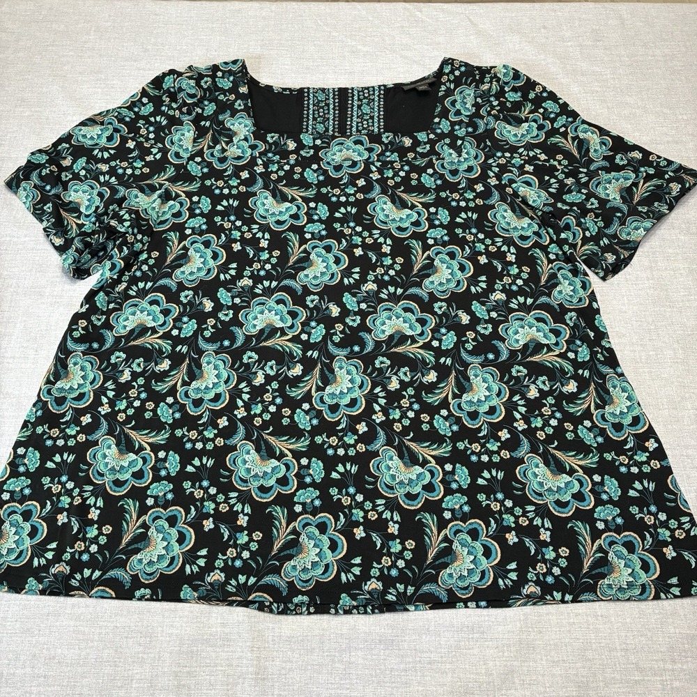 J. Jill Wearever Floral Square Neck Knit Shirt Top Black Green Blue Large